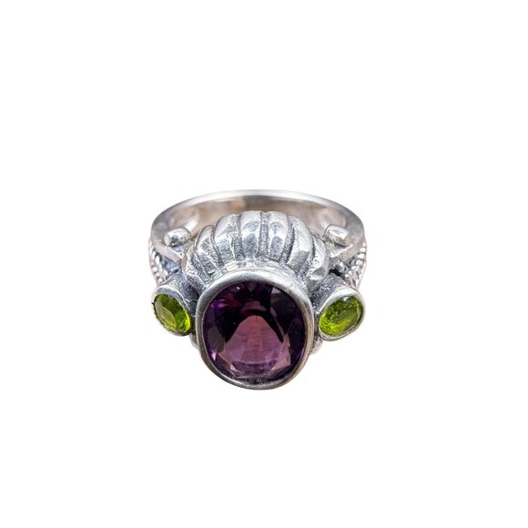 Sterling Silver Womens Amethyst Green Peridot Ring Intricate Design Size 7 - Picture 1 of 5